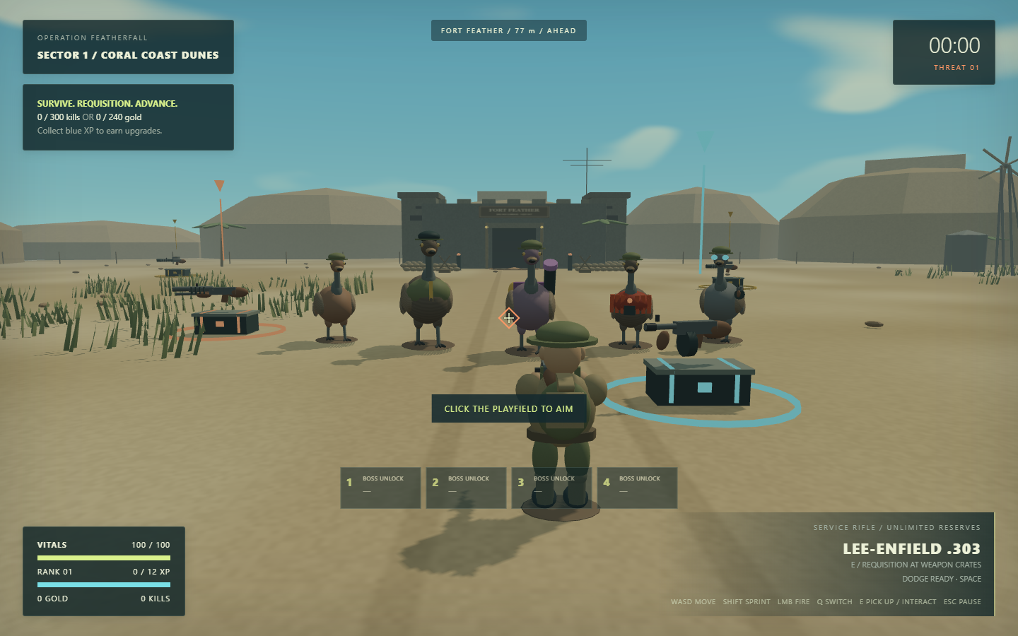 Emu War game preview: a soldier faces a squad of armed emus in front of a desert fort
