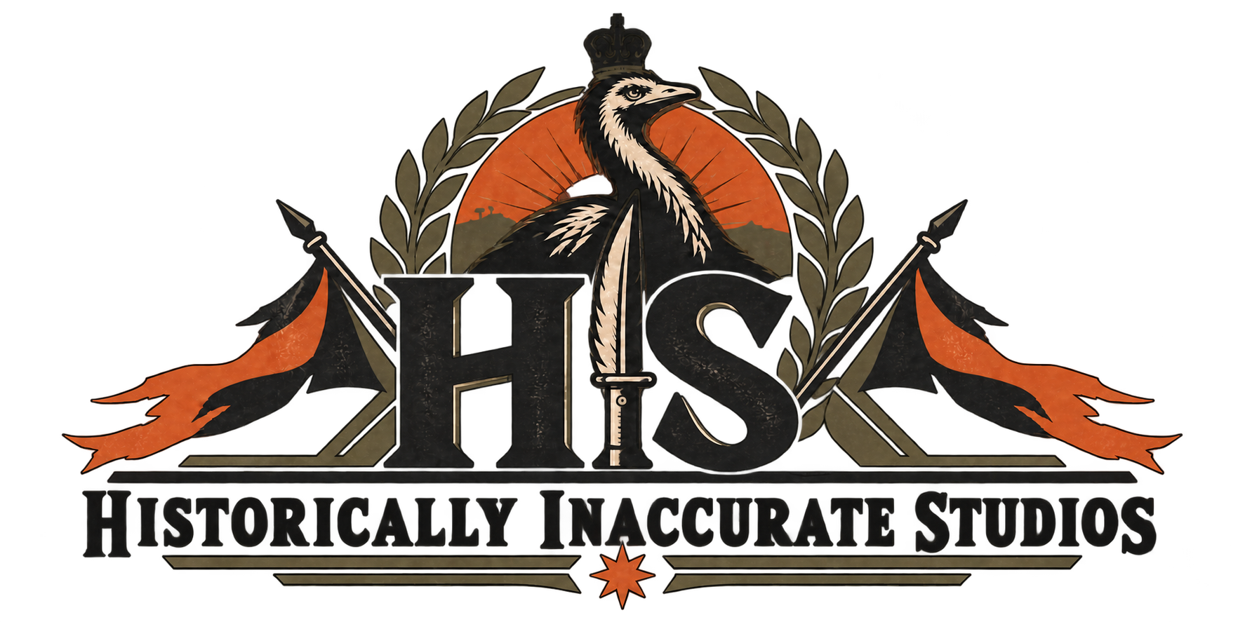 Historically Inaccurate Studios logo: HIS with a knife forming the I beneath a crowned emu